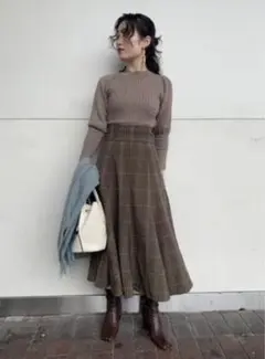 FRAY I.D リブニットコンビチェックロングワンピース　ベージュ