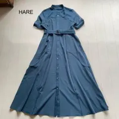 美品 洗える ノーブル シャツイレヘムフレアワンピース ブルー 38 日本