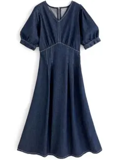 GRL Vネックタックデニムフレアワンピース[on160] M