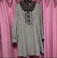 アンクルージュ　茶色　千鳥格子　リボン　フリル　　ワンピース　M