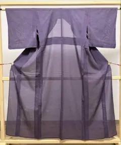 A 夏物 葉の地模様 紫色 絽 紗 薄物 化繊 色無地 着物 K57のサムネイル