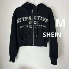 SHEIN フロントジッパー クロップドパーカー 黒　M