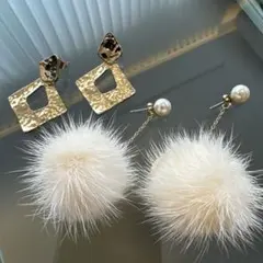 ゴールド スクエア型ピアスとファー付きピアスセット　メッキ