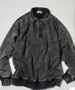 ヴィンテージライク パウダー加工 ポロカラースウェット ブラック L