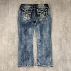 B301 【W34】【バックル別注】ロックリバイバル フレアデニム ブリーチ加工