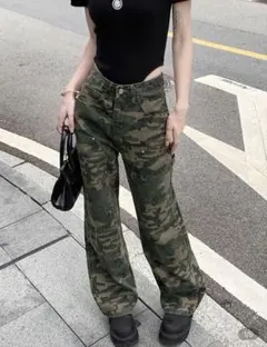 迷彩 ストレートデニム y2k ストリート shein