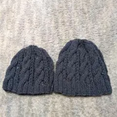 手編み　アラン模様のニット帽　グレー　ツィード　親子セット