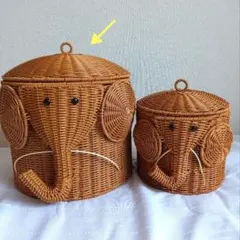 ☆新品　大サイズ　象 ラタンバスケット　収納　蓋付き　ナチュラル