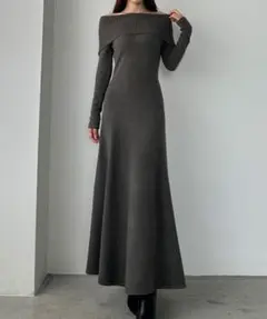 Louere オフショルフレアニットワンピース オフショルダー ロングワンピース