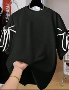 リボン付き半袖Tシャツ 黒 ゆったり カジュアル レディース　4XL