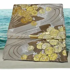 洒落袋帯　光沢のある金色と黄色　牡丹　菊花柄　NO.77