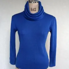 青 タートルネック リブ編みセーター 長袖
