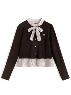 GRL リボン&ブローチ付きドット柄ドッキングカーディガン[ac2623]