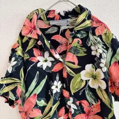 【USA製】総柄レーヨンシャツ アロハ 花柄 ヴィンテージ 黒 S