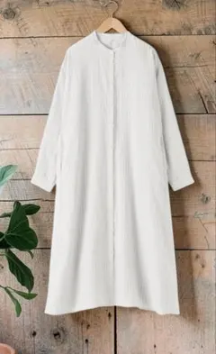 無印良品リネン洗いざらし長袖シャツワンピース　ライトシルバーグレーストライプXL