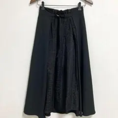 トゥエルブアジェンダ ロング フレアスカート 【F】 黒 ウエストベルト 異素材のサムネイル