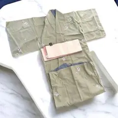 小紋着物 緑色 チェック柄 花柄刺繍 帯付き