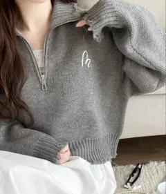 【mily bilet】ダメージ ハーフジップ 胸 刺繍 ニット