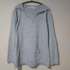 ATHLETA【L】ニット パーカー フード Vネック 長袖 無地 グレーのサムネイル