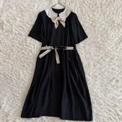 ピンクハウス ドット柄 リボン ロングワンピース ピンタック