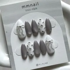 グレーマグネットリボンネイル 韓国ネイルチップ ネイルチップオーダー 量産