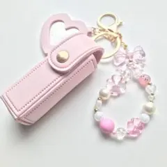 リップケース ミラー付き キーリング ハンドメイド チャーム 口紅ケース