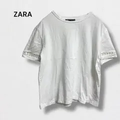 ザラ 半袖 カットソー Tシャツ レース袖 ショート丈 クルーネック 綿100％