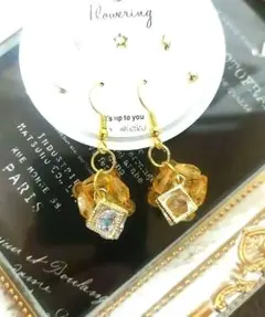 チェコビーズトパーズカラーピアス スクエア【9】