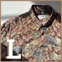 【雰囲気抜群】総柄シャツ アート柄 レトロ ヴィンテージ 古着 ボルドー 長袖