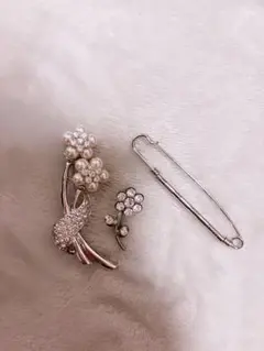 シルバーパール花束ブローチ・お花ブローチ・スカーフピン3点セット