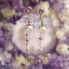 一点もの　パールイヤリング　ロング　花モチーフパーティー　ウェディング着物ドレス