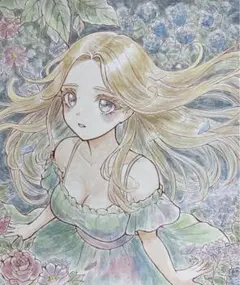 手描きイラスト　オリジナル　水彩イラスト　花と少女02 色紙イラスト