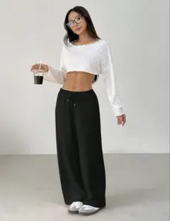 shein ソフトニットルーズカジュアルパンツ　ブラックのサムネイル