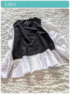 美品【ZARA】ザラ　異素材切替プリーツ　プルオーバー　ブラウス　M