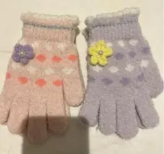 キッズ用ドット模様手袋 2点セット　ピンク　紫　花