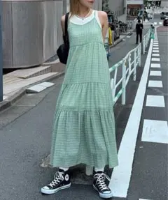 Ciaopanic シアー チェックティアード キャミソールワンピース グリーン