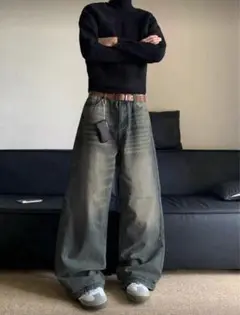 ダークグレー ワイドレッグデニムパンツ