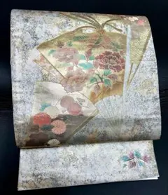 螺鈿箔　お太鼓柄袋帯　豪華な金色扇子と鳳凰花模様の袋帯　菊牡丹　花文　金箔　銀箔