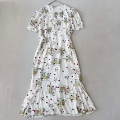 インゲボルグ ロングワンピース 花柄 半袖 ピンタック リボン ベルト ホワイト