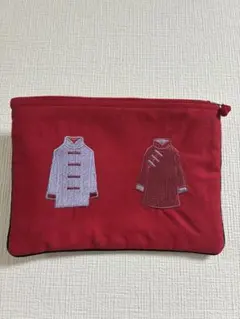 チャイナ服刺繍 フラットポーチ レッド 中華