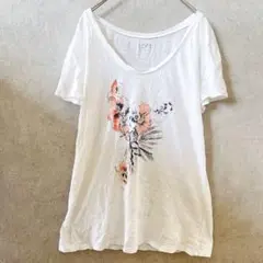 ロフト Ｔシャツ Ｕネック 半袖 花柄 S 白 綿 お出かけ デート カジュアルのサムネイル