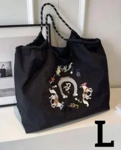 刺繍バッグ エコバッグ 黒 馬柄 L バッグ 旅行バッグ 通勤 ヨガバッグ 大量