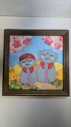 【額付き】きめこみパッチワーク　幸福地蔵様　ハンドメイド　さくらほりきり
