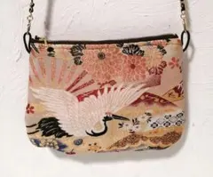 花 鶴 松模様 着物袋帯 和風 ミニショルダーバッグポーチ コサッシュ リメイク