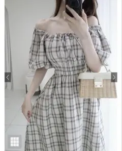 匿名配送 GRL チェック柄バルーンスリーブワンピース dk1437 アイボリー