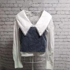 ホワイトビッグカラーシャツ・デニムビスチェ