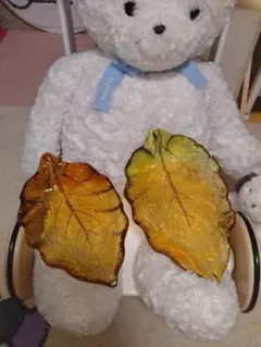 アンバー　ガラス器　お皿 2枚セット　昭和レトロ　木の葉