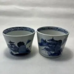 古伊万里 蕎麦猪口 異国人 帆船 ラッタン 南蛮人 アンティーク 骨董2個