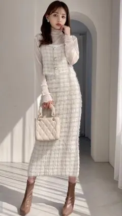 【GRL】シャギーニットチェック柄トップスXタイトスカートセットアップ