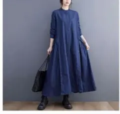 ダークブルー コットン 長袖シャツワンピース　マタニティにも